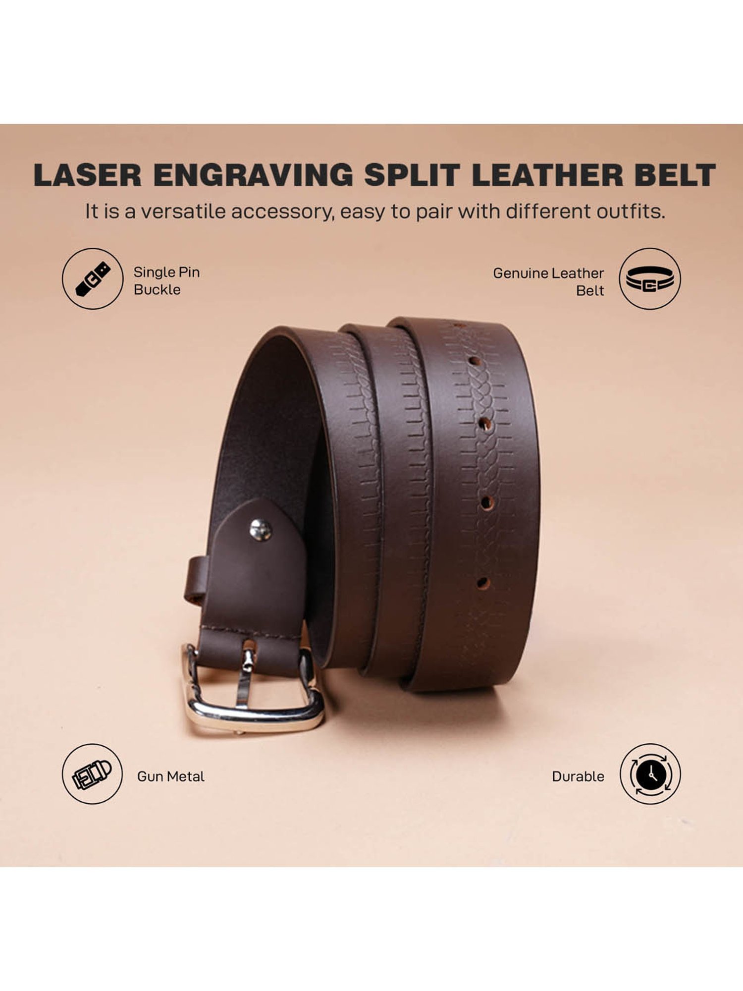 Red Tape Brown Leather Textured Formal Belt for Men
