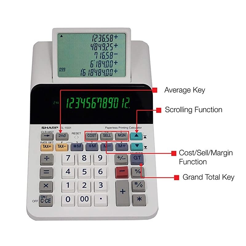 El-1501 Compact Cordless Paperless Large 12-Digit Display Desktop Printing Calculator That Utilizes Printing Calculator Logic