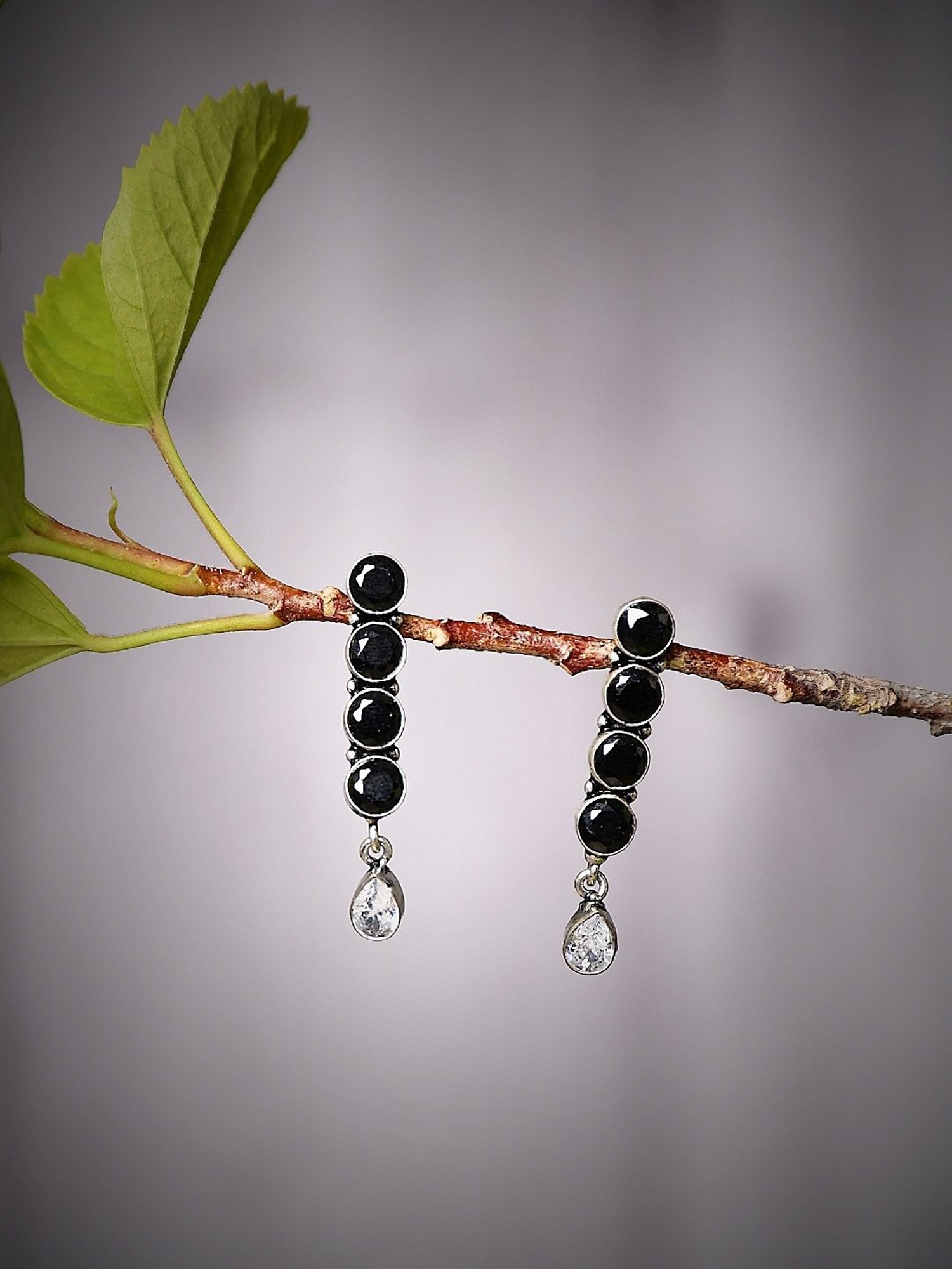 Imli Street Black Silver Tone Stone-Studded Handcrafted Dangler Earrings