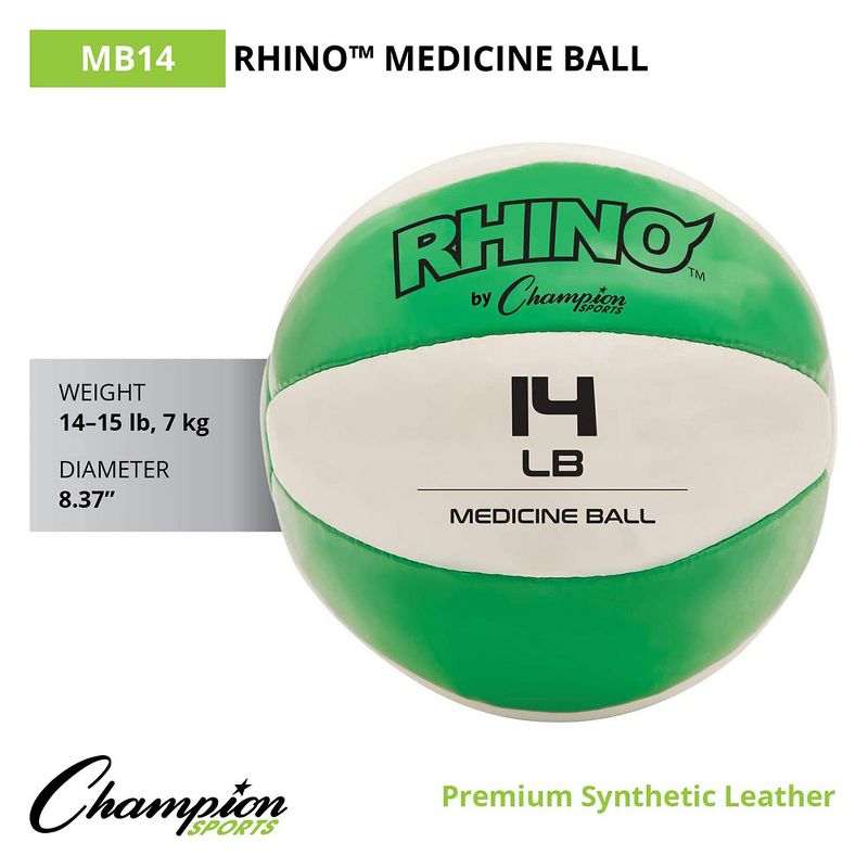Champion Sports MB14 Rhino Textured Leather 8.37 Inch Round Non Slip Grip Exercise Medicine Fitness Training Weight Ball, 14 Pounds, Green