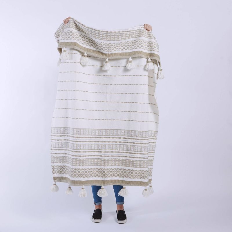 50"x60" Woven Striped Throw Blanket with Pom-Poms Tan - Patina Vie