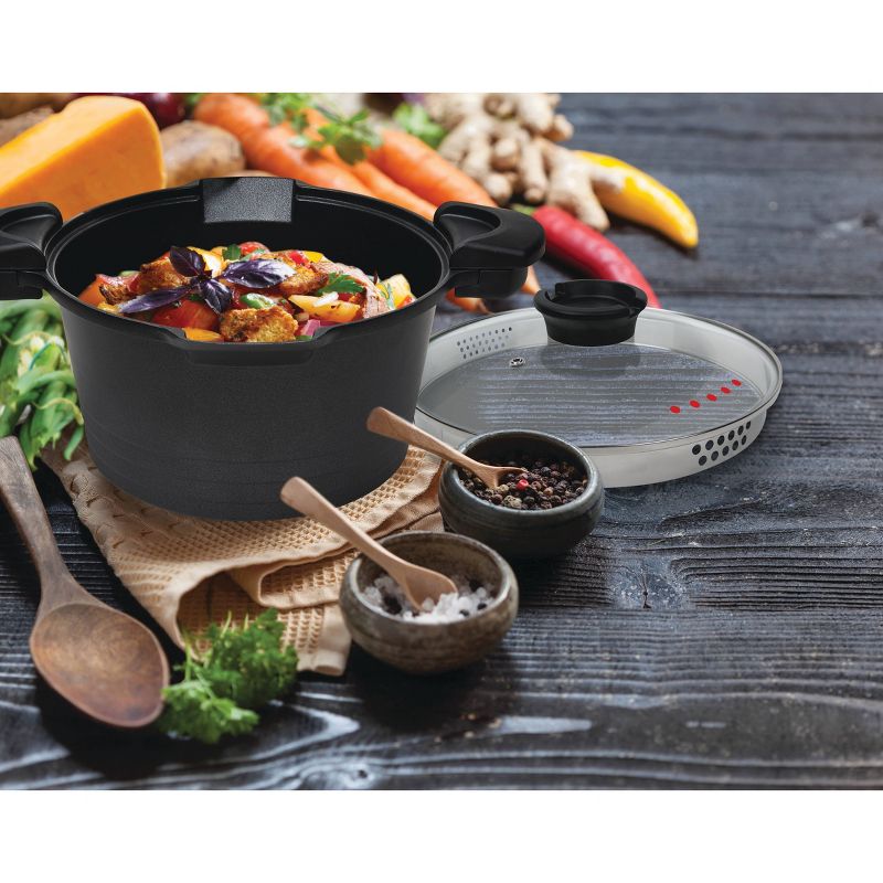 MasterPan 5qt Stock N' Pasta Pot with Handles and Easy Pour Strainer Glass Lid Black