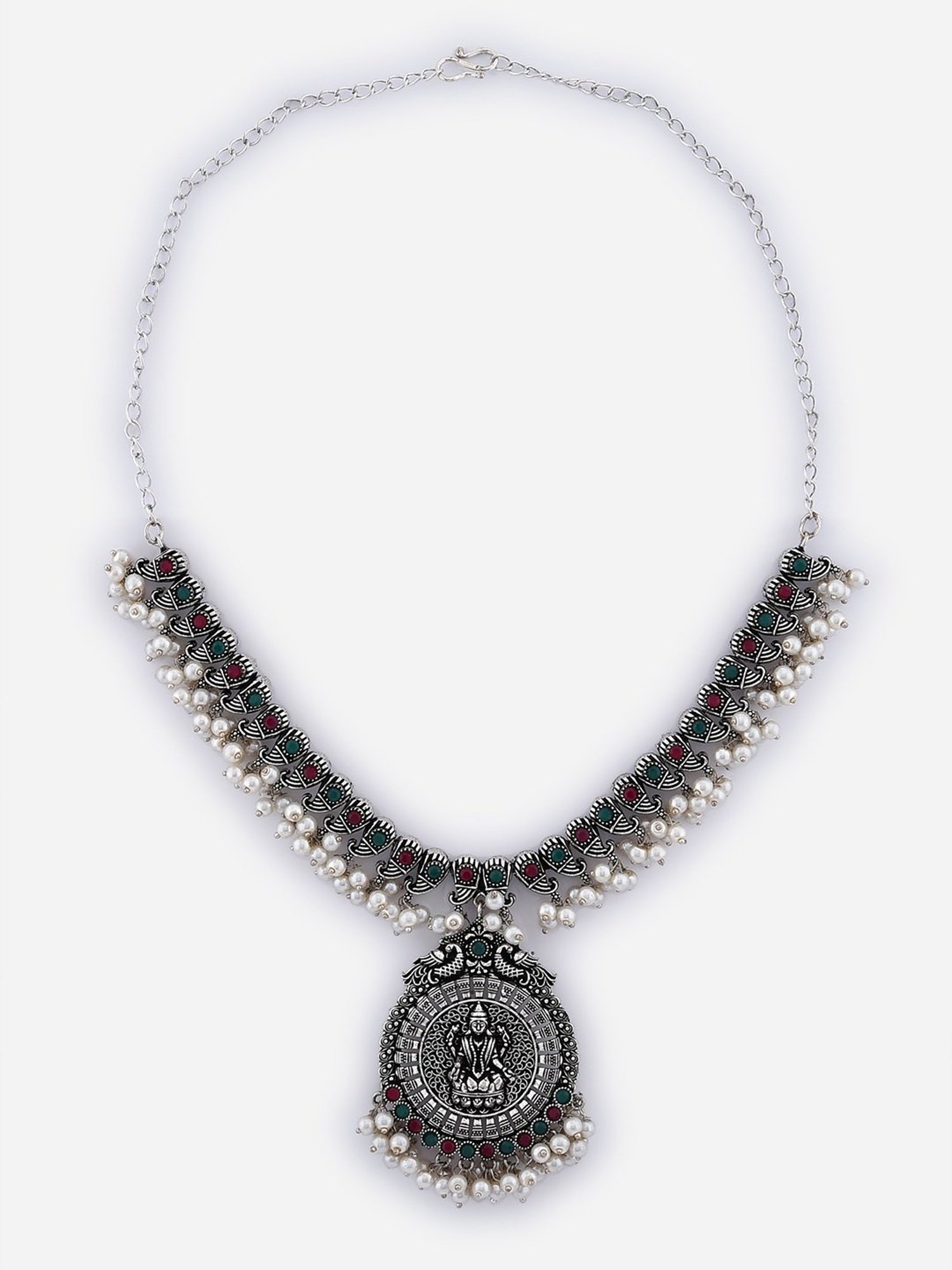 Fida Ethinic Traditional Kamakshi Temple Silver-Plated Necklace Set for Women