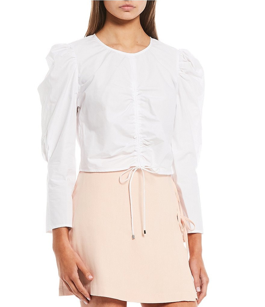 GB Woven Cinched Front Puff Sleeve Top