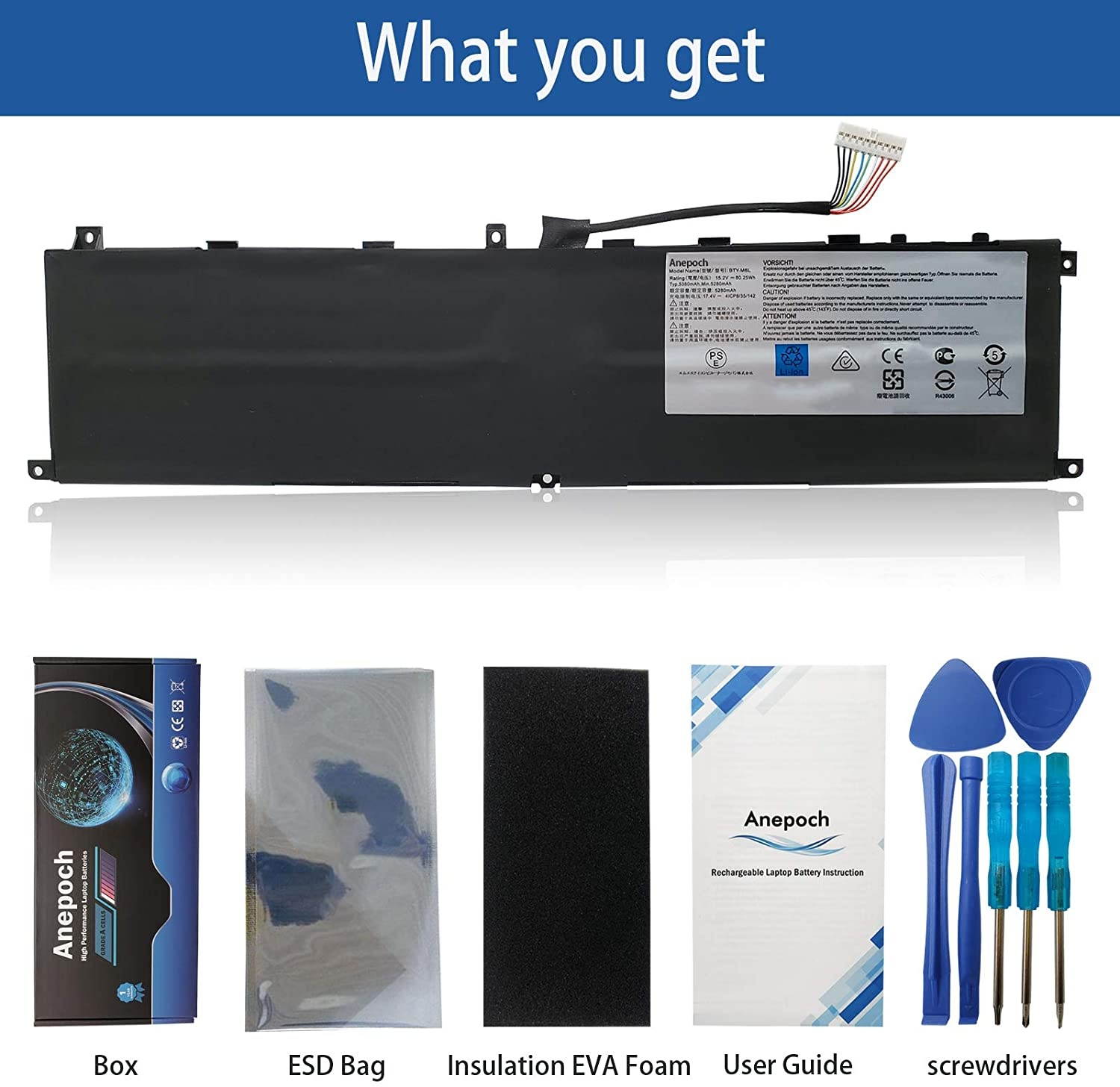 Anepoch BTY-M6L Laptop Battery Replacement for MSI GS65 Stealth Thin 8RF 8RE 9RE PS42 8RB P65 Creator 8RD 8RE MS-16Q2 MS-16Q3 PS63 Modern 8RC GS75 8SG Series 15.2V 5380mAh 80.25Wh