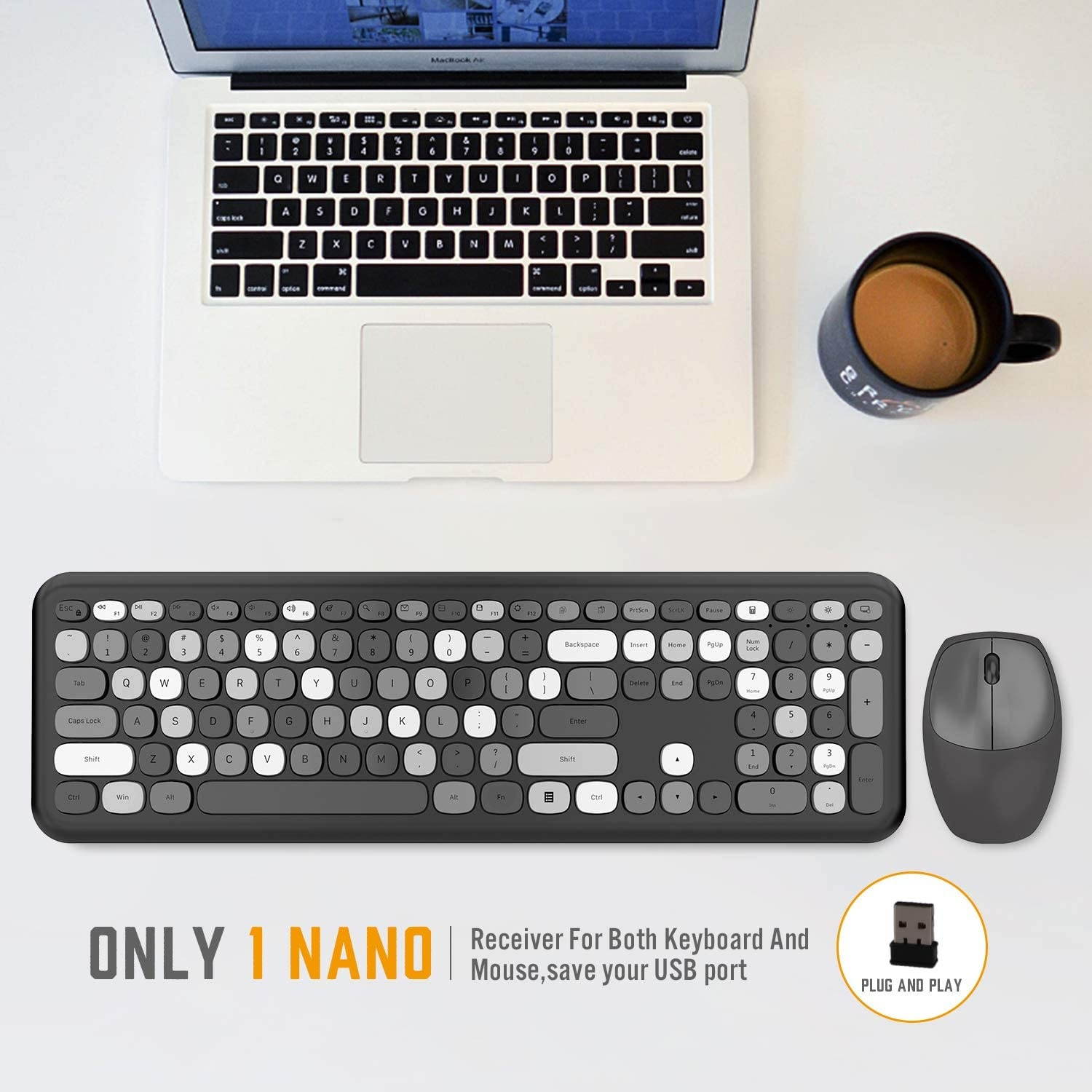 Wireless Keyboard and Mouse Combo, Ultra-Thin 2.4G USB Full Size Keyboard and Mouse Set, Cute 110 Keys Keyboard for PC, Notebook, MacBook, Tablet, Laptop, Windows System (Blue Colorful)