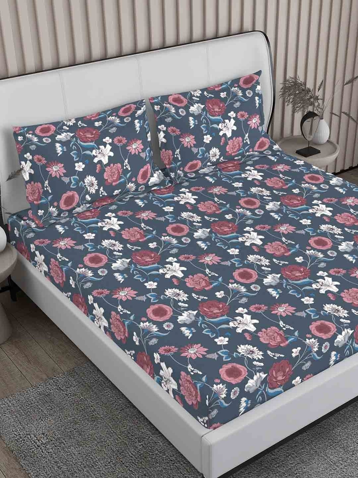 Boutique Living Magnifique  Floral Blue 200 TC Cotton King Bed Sheet with 2 Pillow Covers