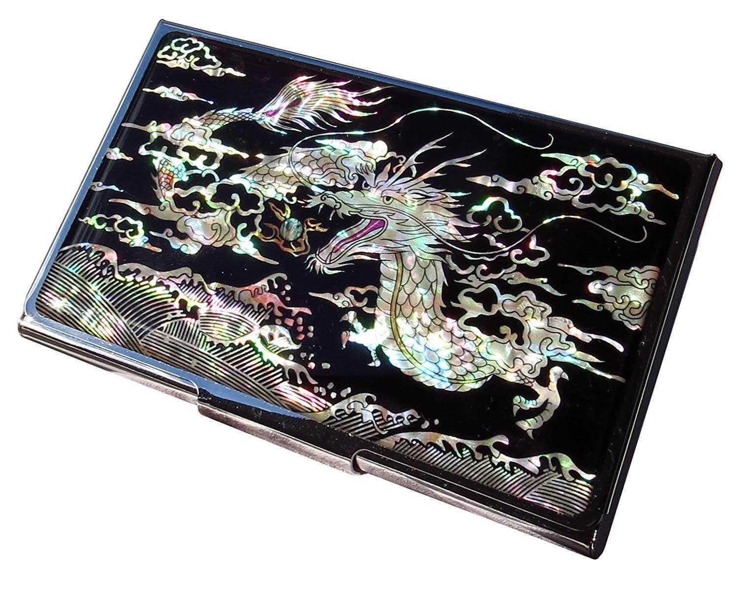 Dragon Black Business Credit Card Case Id Holder Metal Travel Wallet Mother of Pearl
