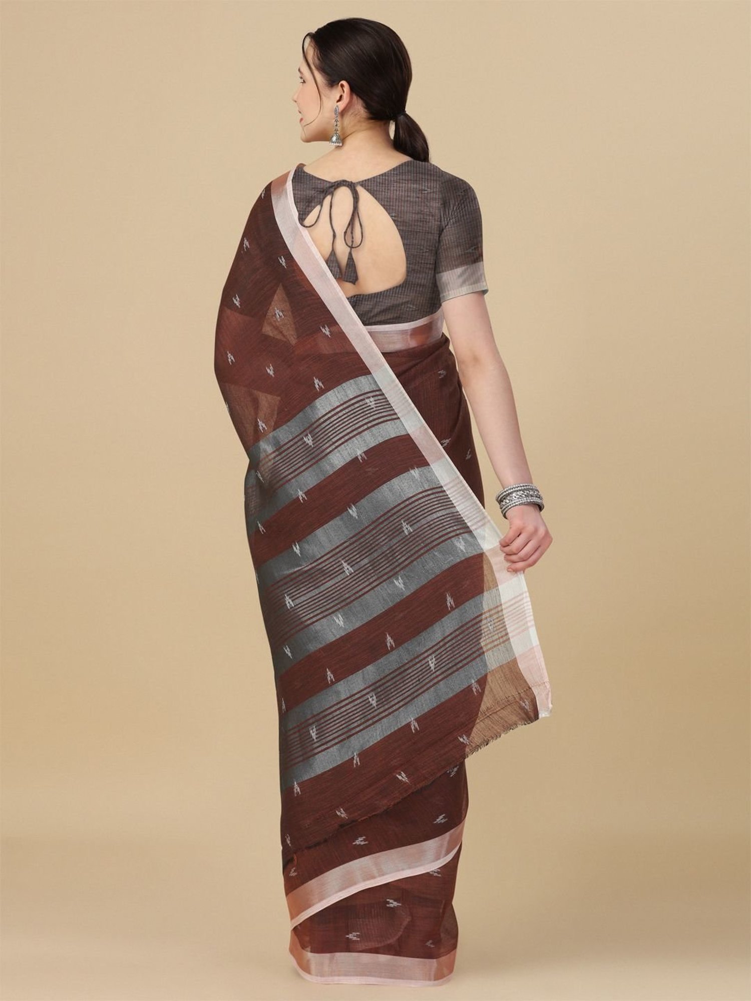Elora Brown Linen Woven Saree With Unstitched Blouse