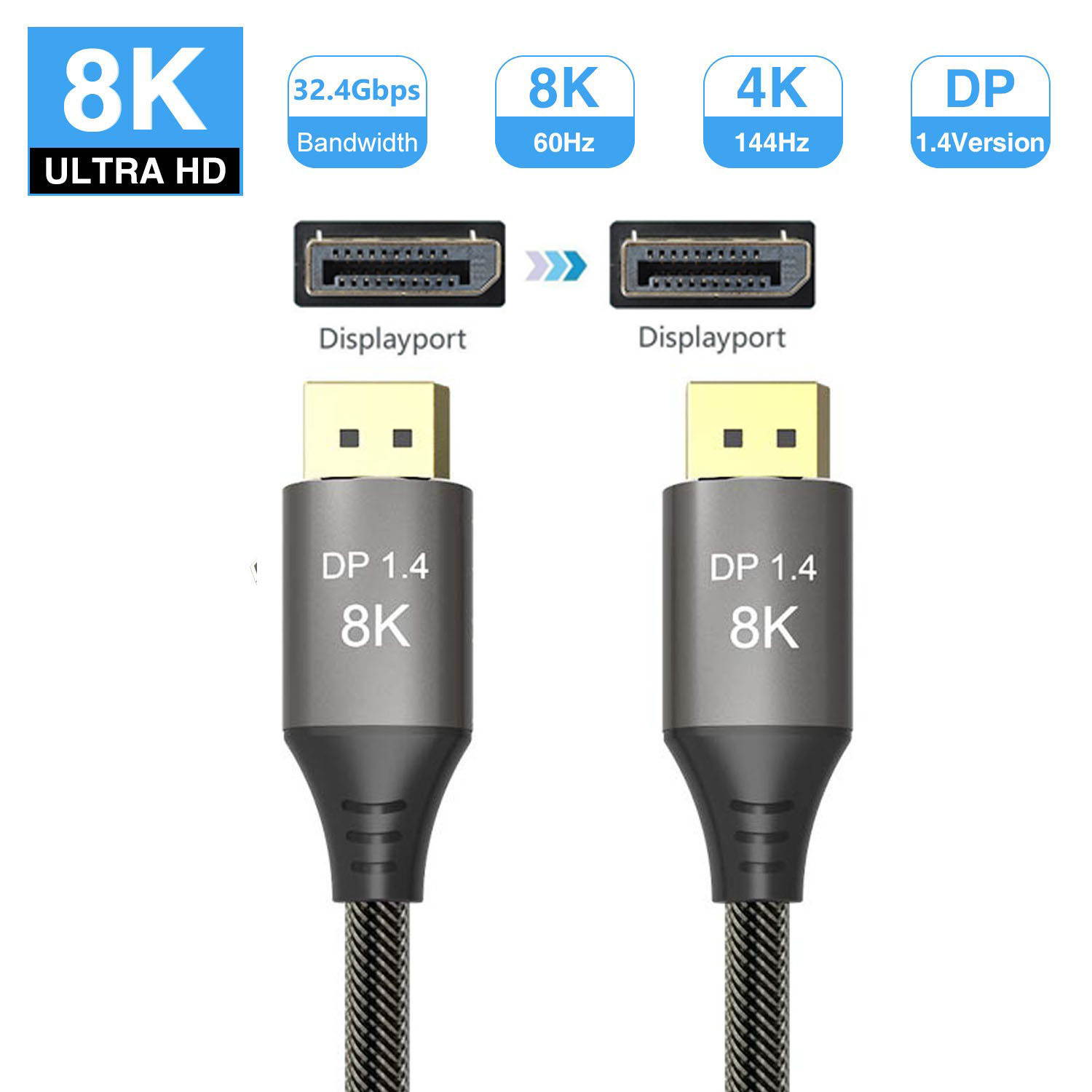 DisplayPort Cable 6.6ft, Jansicotek 8K DP Cable Nylon Braided(8K@60Hz,4K@144Hz) DP to DP Cable Ultra 32.4Gbps High Speed Display Port Cable Compatible with Computer Desktop Laptop PC - (6.6FT)