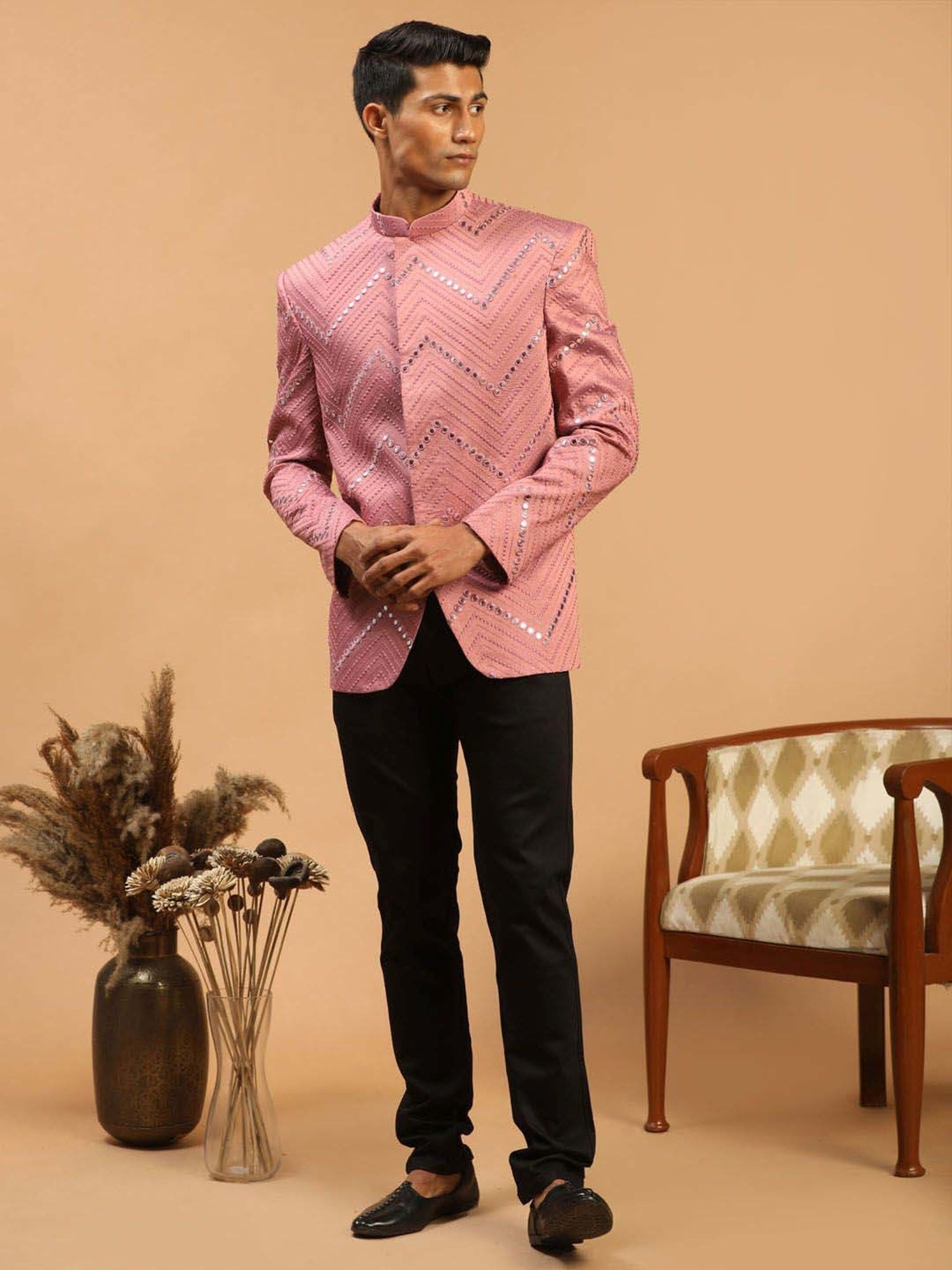 Vastramay Onion Pink Regular Fit Embellished Ethnic Blazer