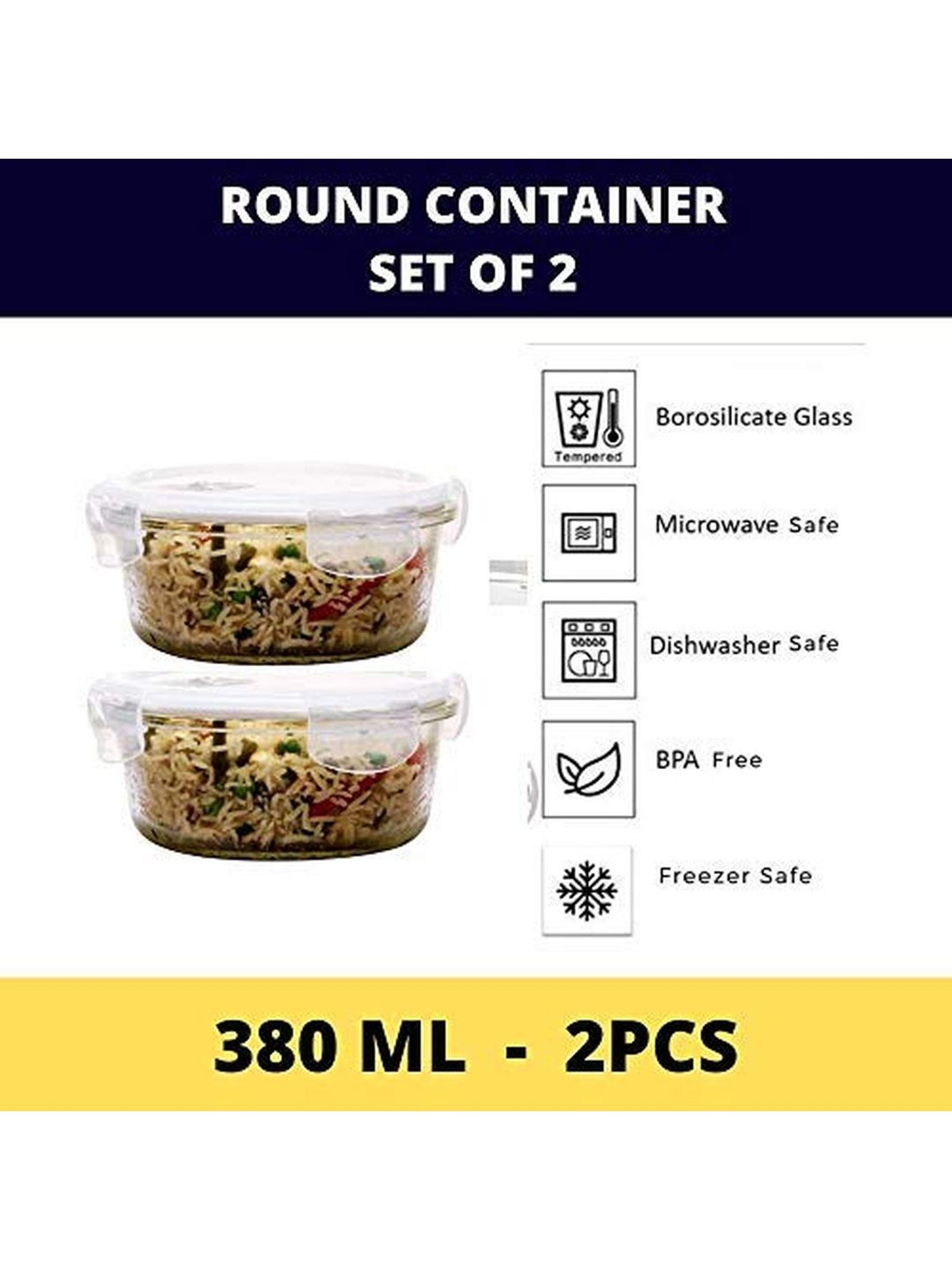 Femora Borosilicate Glass Round Microwave Safe Container (380 ml) - Set of 2