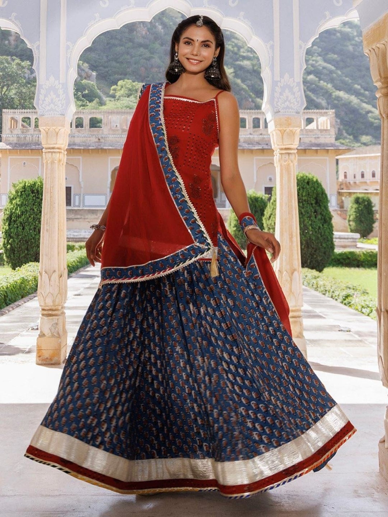 Geroo Jaipur Indigo-Red Pure Cotton Hand Block Printed Skirt Set