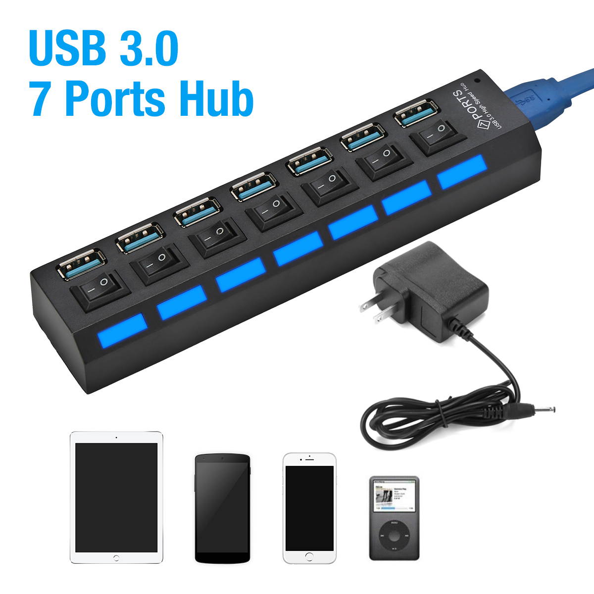 FirstPower 4 Ports USB 3.0 Hub, Portable SuperSpeed USB 3.0 Hub, Splitter 5Gbps, Individual On/Off Switches LED, USB Extension Multi-function USB Dock Hot Swapping Support with US AC Power Plug