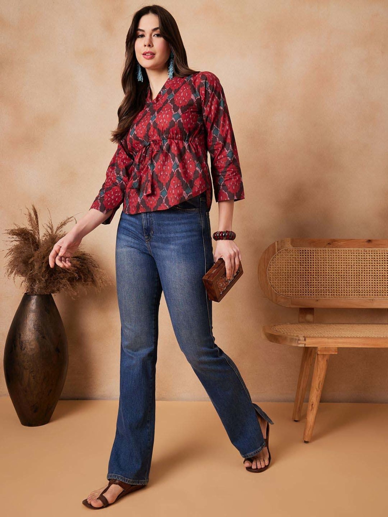 Inweave Red Cotton Printed Top