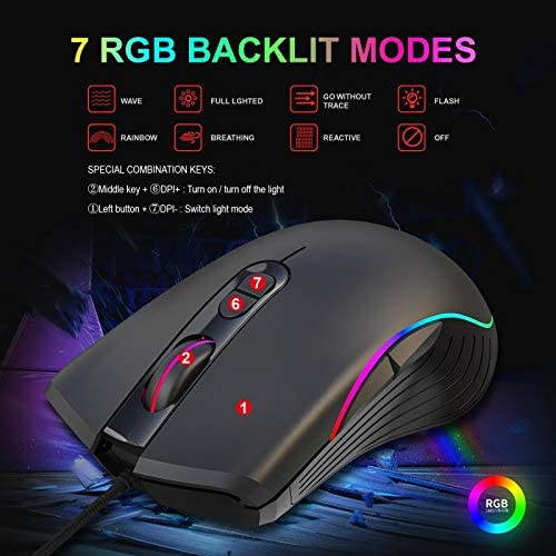 Gaming Mouse with 7 Programmable Buttons, USB Optical Mouse with 6 Buttons, Wired Ergonomic Mice with 4 Adjustable DPI 1000/1600/3200/6400 Extra Weight for PC Laptop Desktop Notebook (Black)