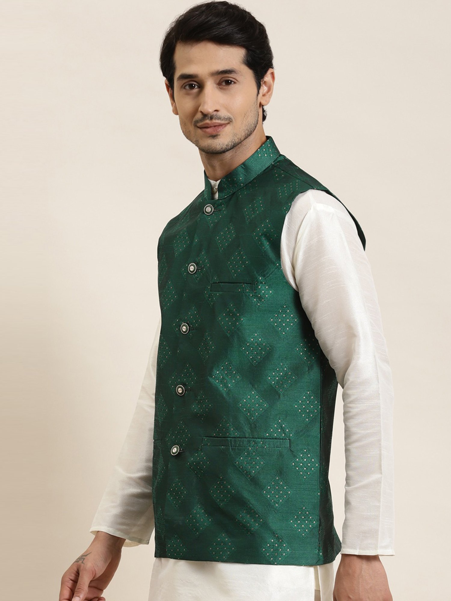 Sojanya Green Regular Fit Self Pattern Nehru Jacket