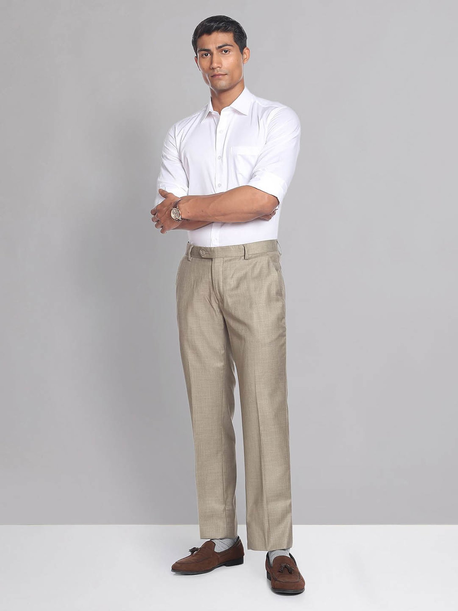 AD by Arvind Khaki Regular Fit Flat Front Trousers