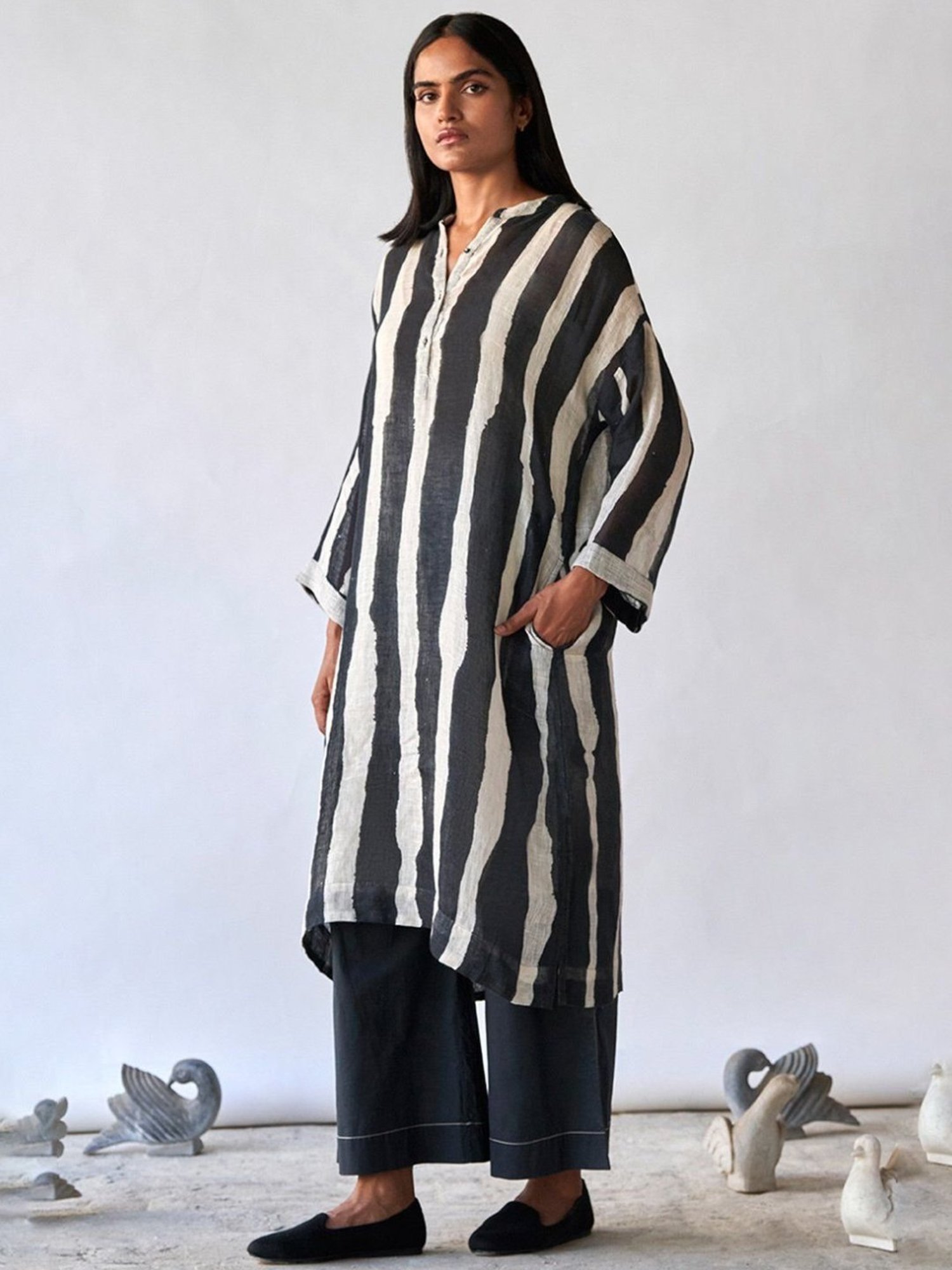 Ganga Fashions Black & Tofu Stripe Linen Kurta with Pant Co-ords Set