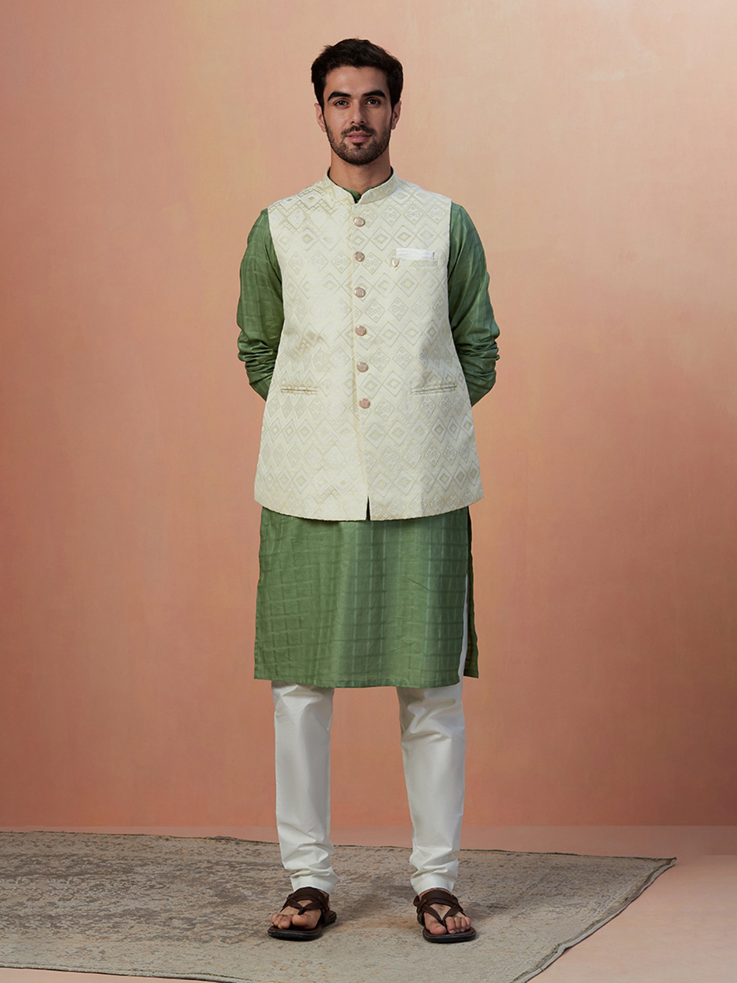 Manyavar Beige Regular Fit Self Design Nehru Jacket