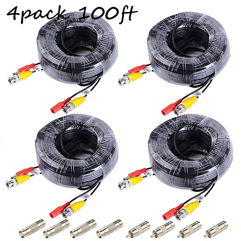 4 Pack 100ft BNC Video Power Cable Security Camera Extension Wire Cord Extension Cable with 8pcs BNC to RCA Connectors for CCTV DVR Surveillance System4 PackBlack