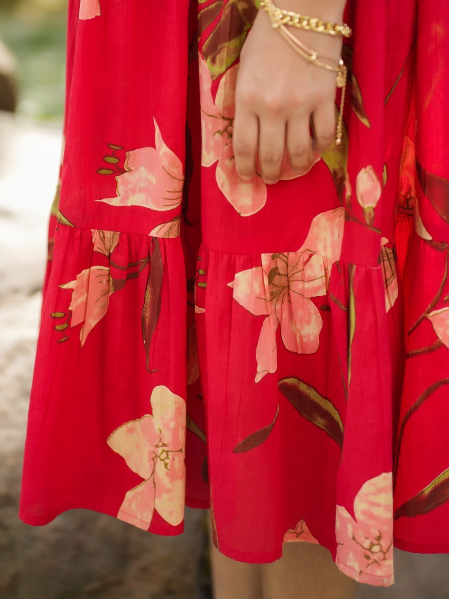 Rain and Rainbow Red Cotton Floral Print A-Line Dress