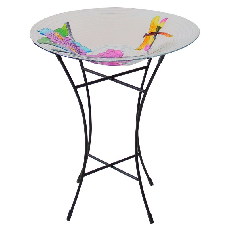 Northlight 21" Dragonfly and Flower Hand Painted Glass Outdoor Patio Garden Bird Bath - Clear/Pink