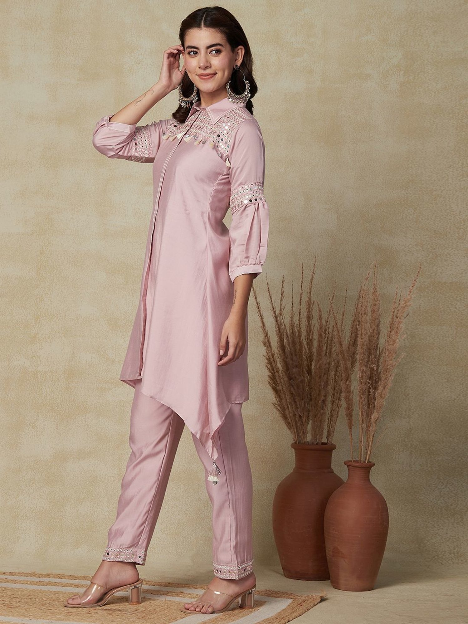 Fashor Pink Embellished Kurti Pant Set