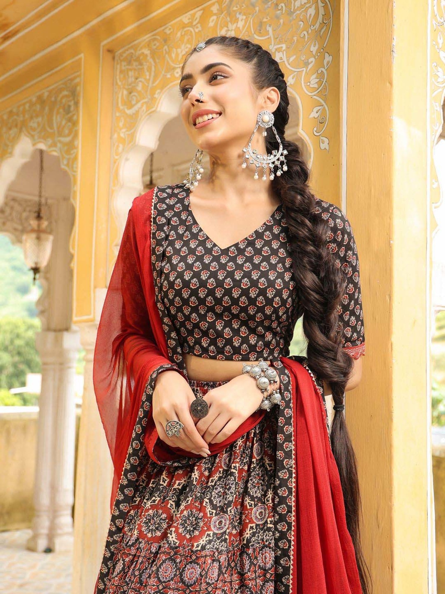Janasya Black Cotton Printed Lehenga Choli Set With Dupatta