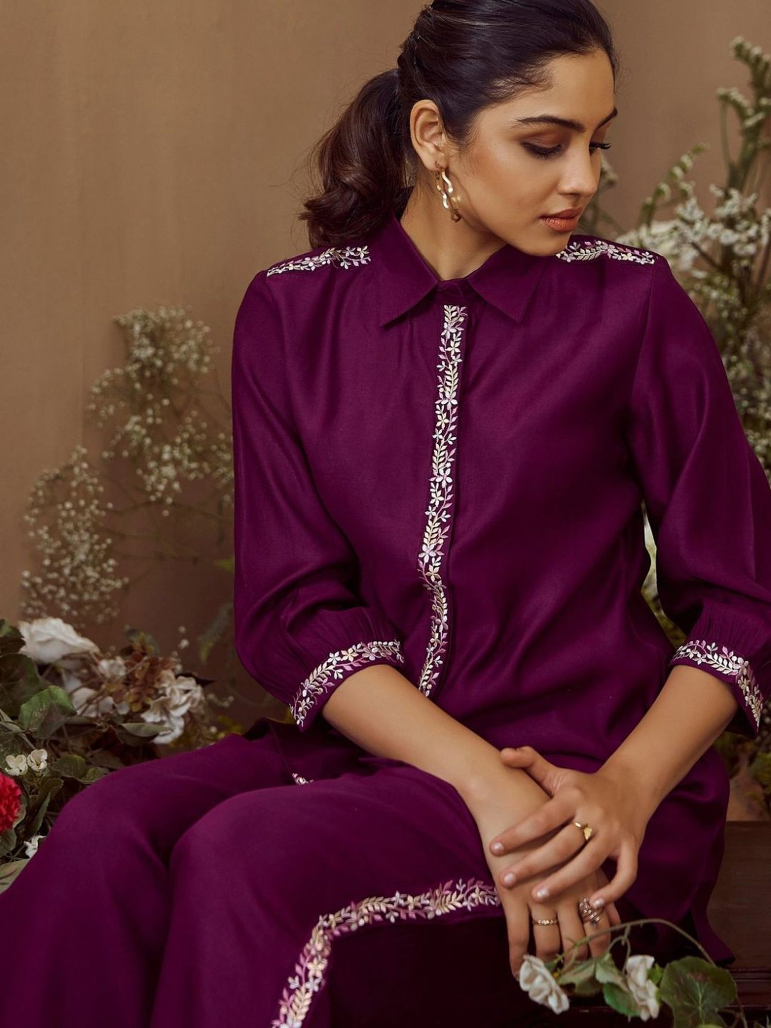 Autumnlane Wine Malini Mulberry Embroidered Tunic with Pant Co-ord Set
