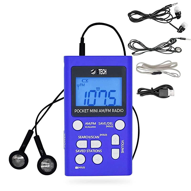 MPRAF1 AM FM Personal Radio with Two Types of Stereo Headphones Clock Great Reception and Long Battery Life Mini Pocket Walkman Radio with Headphones Blue