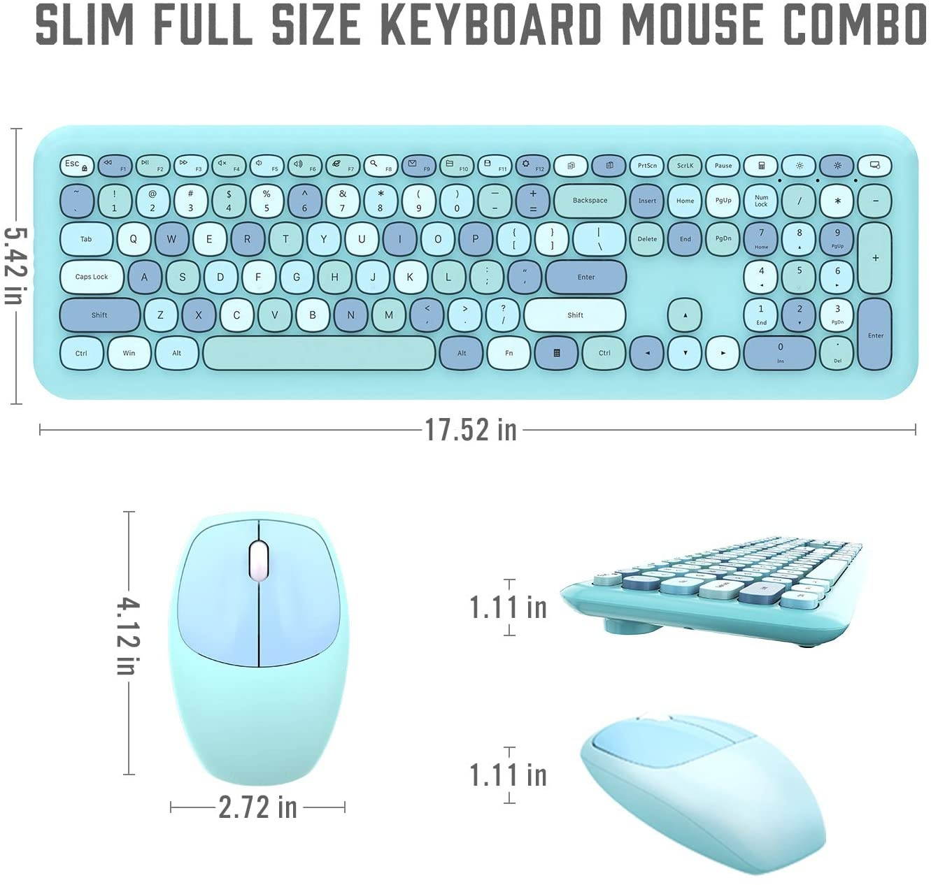 Wireless Keyboard and Mouse Combo, Ultra-Thin 2.4G USB Full Size Keyboard and Mouse Set, Cute 110 Keys Keyboard for PC, Notebook, MacBook, Tablet, Laptop, Windows System (Blue Colorful)