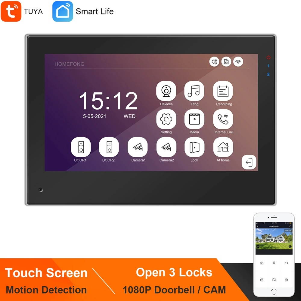 TUYA WIFI Intercoms IP Video Intercom 7 Inch Monitor Touch Screen Motion Detection Record Support  1080P 2 Doorbells  2 Cameras