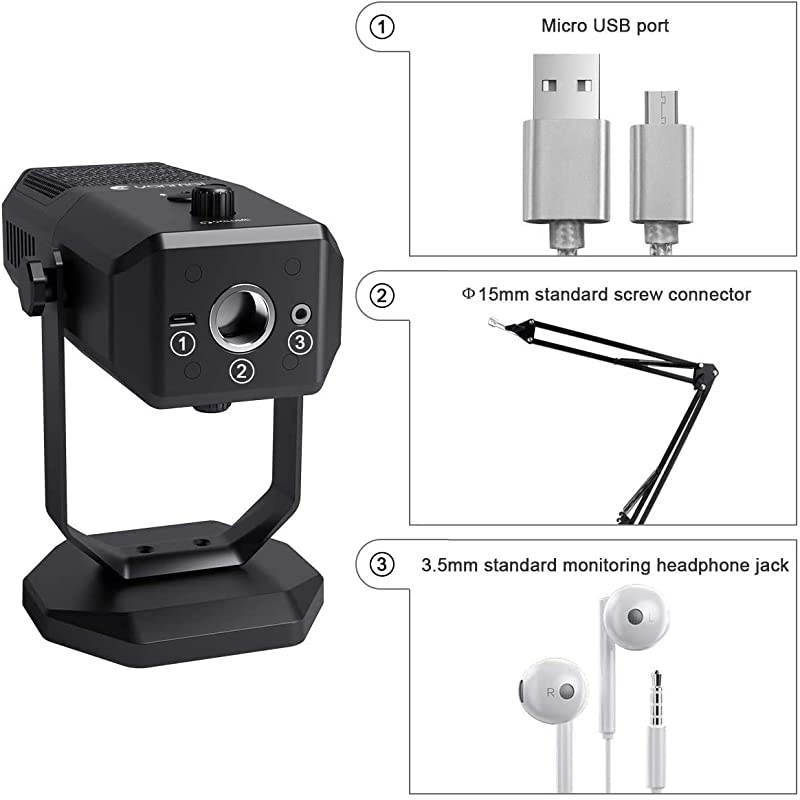 Microphone Condenser for Recording Streaming Podcasts on PC Mac Computer, Four Polar Patterns, Headphone Output, Volume & Mic Gain Control, Mute Button Plug & Play for Gaming YouTube Twitch