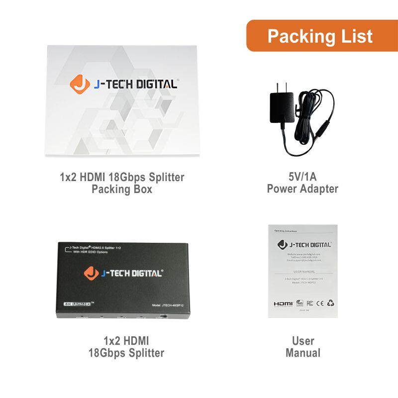 HDMI Splitter 1 in 2 out 18Gbps 4K@60Hz HDR10, DOLBY VISION by J-Tech Digital HDMI 2.0b, HDCP 2.2 compliant with smart EDID control, supports VESA video formats [JTECH-4KSP12]