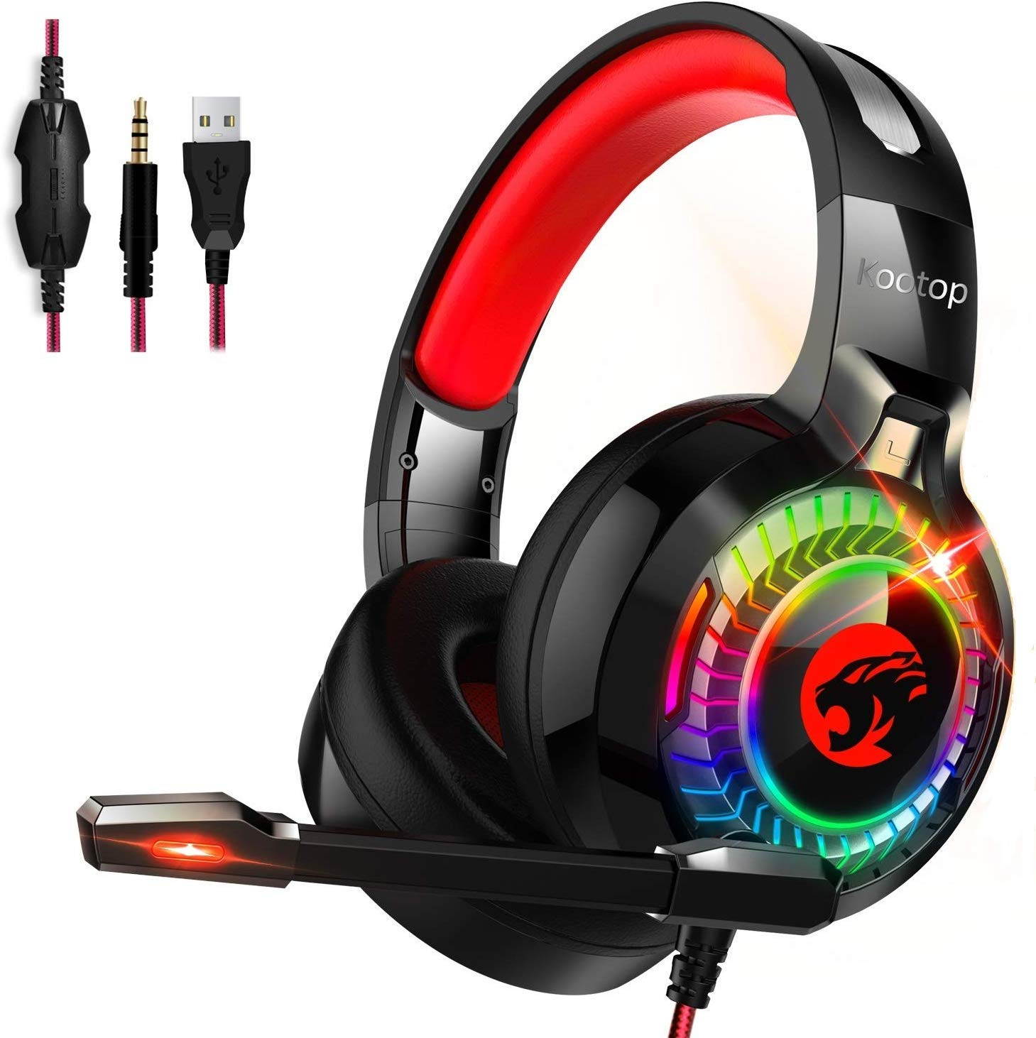 CORN Gaming Headset for Xbox One,PS4,PC,Noise Cancelling Over Ear Headphones with Mic,RGB Light,Volume-Control, Bass, Soft Memory Earmuffs for Laptop Mac Nintendo Switch Games(Black&Red)