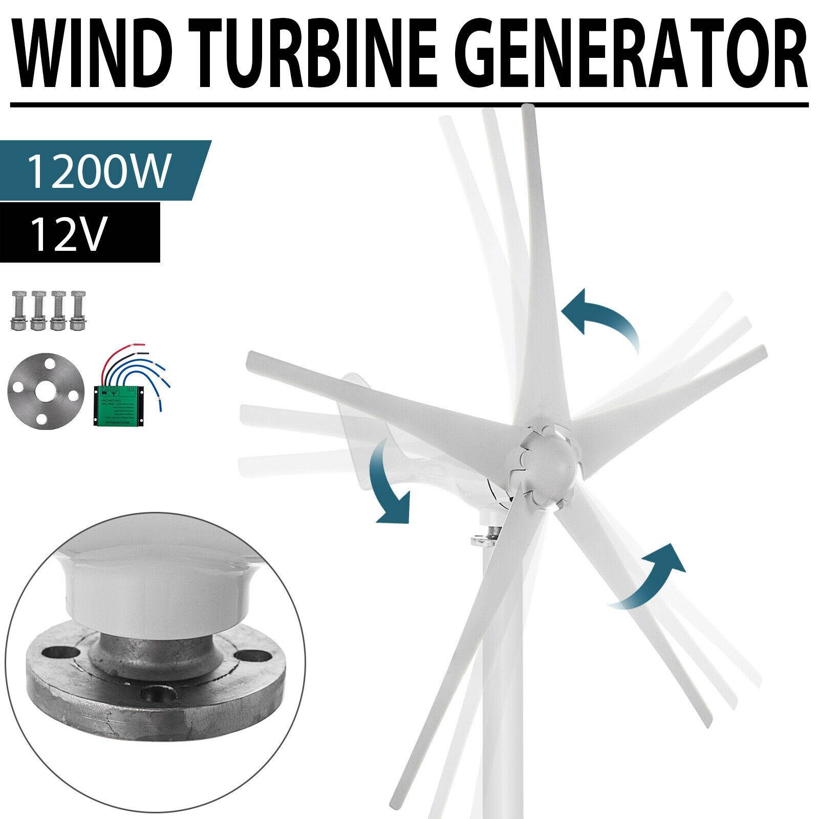 1200W 12V DC 5 Blades Wind Turbine Generator W/ Charger Controller Home Power