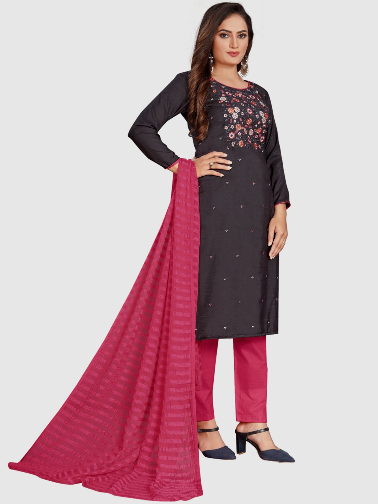 APNISHA Black Cotton Embroidered Unstitched Dress Material
