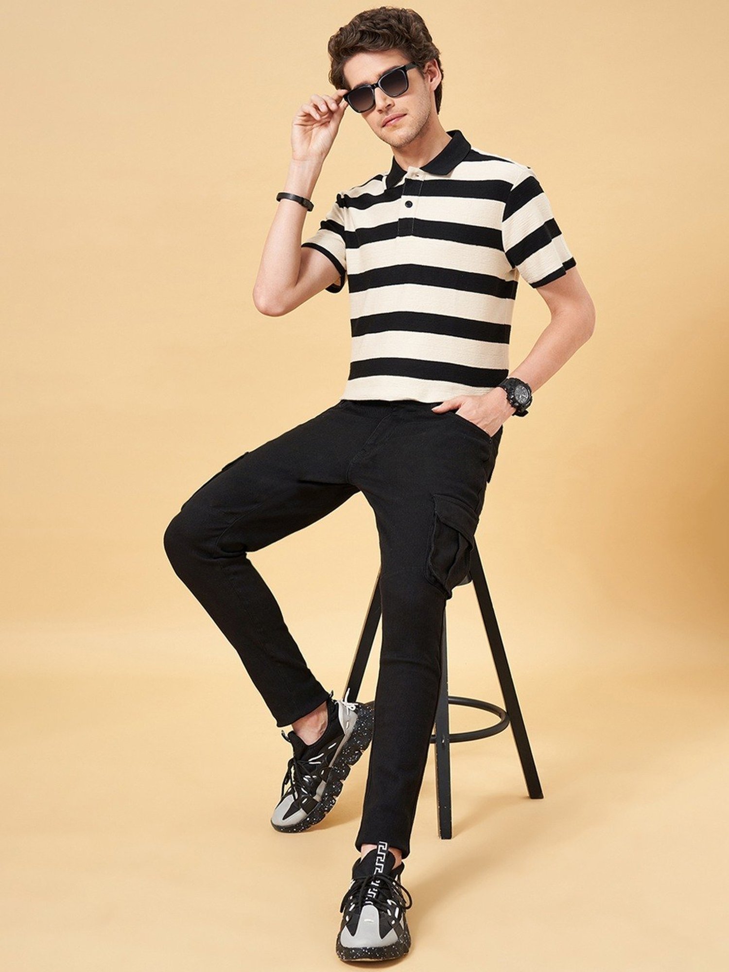 People by Pantaloons Jet Black Cotton Regular Fit Striped Polo T-Shirt