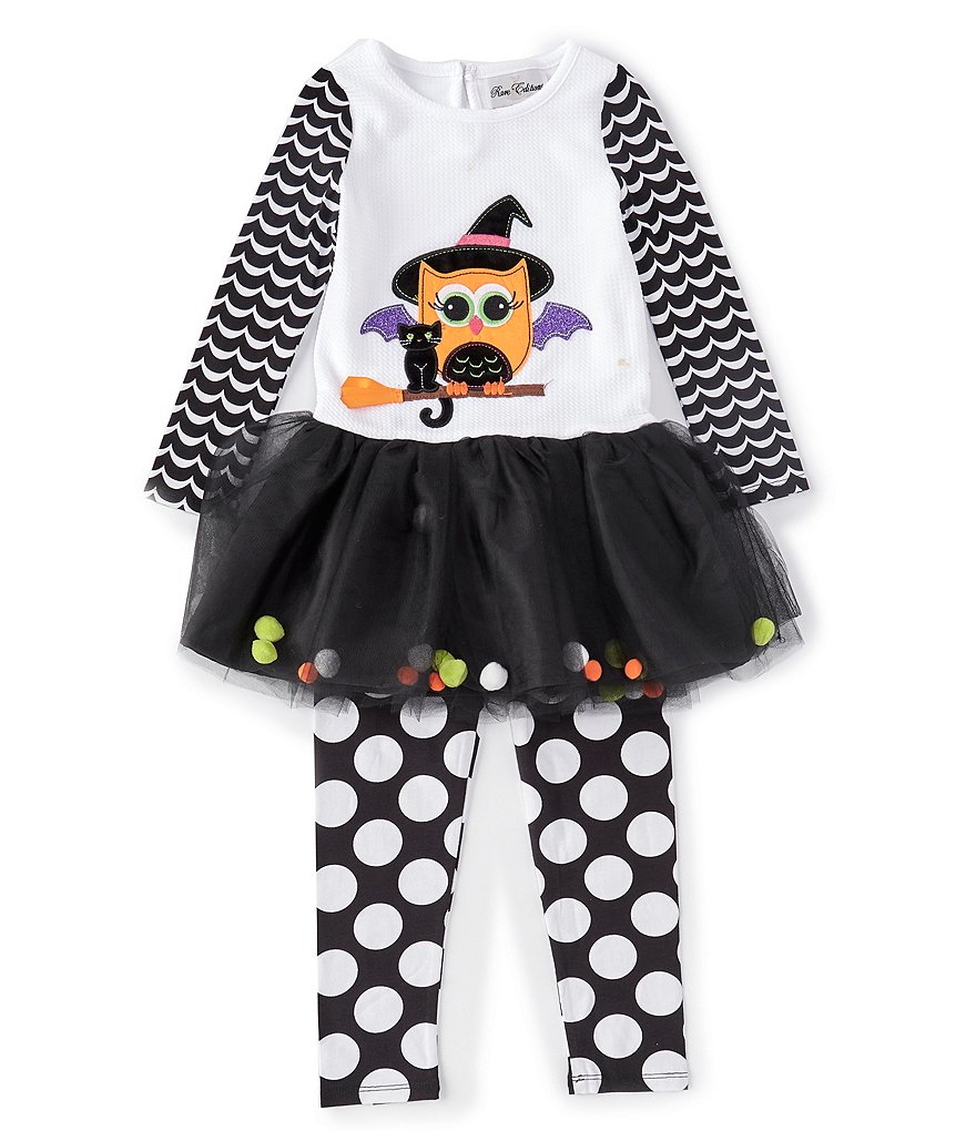 Rare Editions Little Girls 5-6X Long-Sleeve Halloween Owl And Bat Applique Knit Top & Dotted Leggings Set
