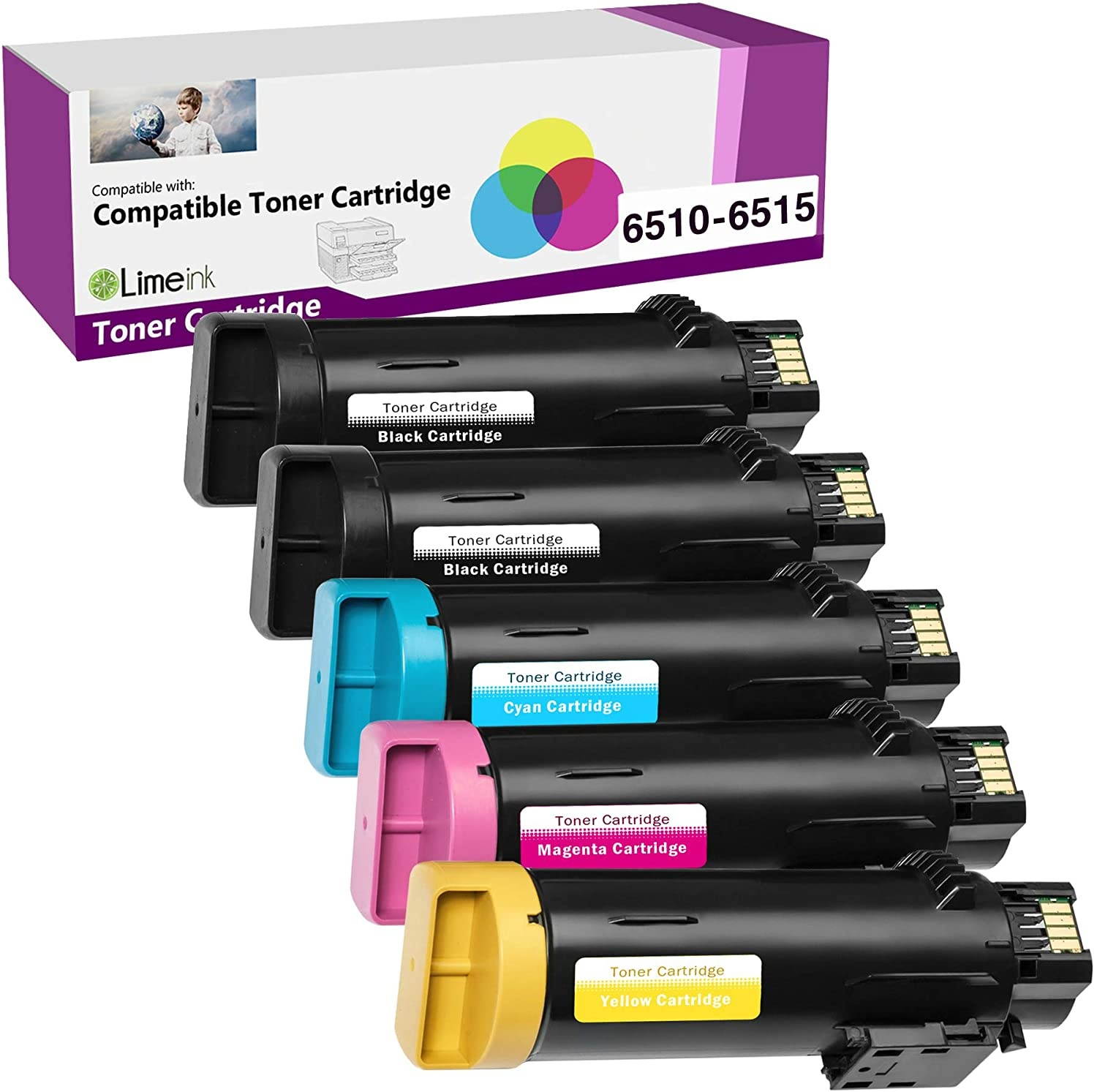 Limeink 5 Pack Compatible High Yield Laser Toner Replacement Cartridges for Xerox Phaser 6510 Workcentre 6515 Printer 6515/dn 6515/dni 6510/dn dni (2 Black, 1 Cyan, 1 Magenta, 1 Yellow) - New Chip