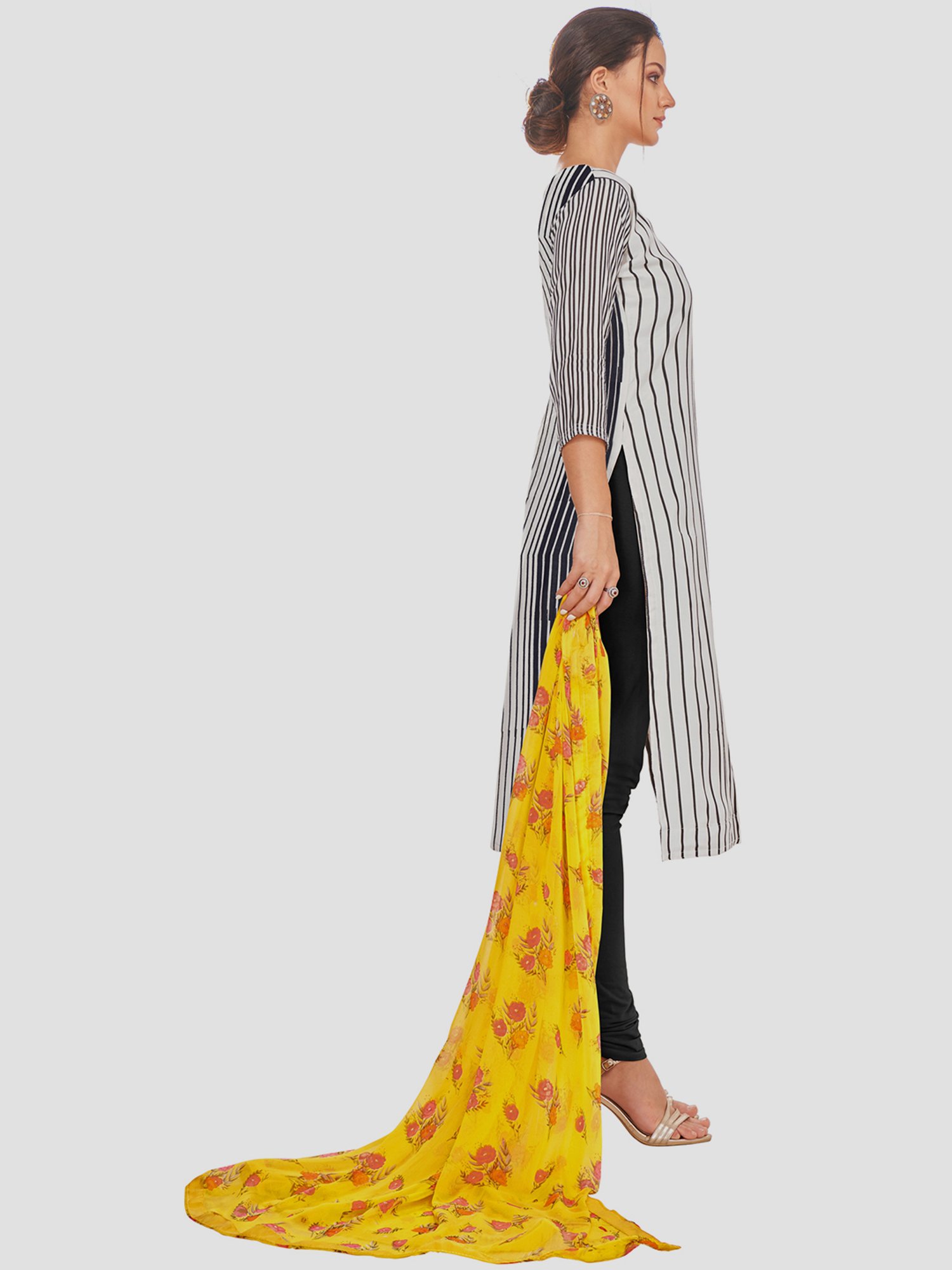 Saree Mall Black Striped Unstitched Dress Material With Dupatta