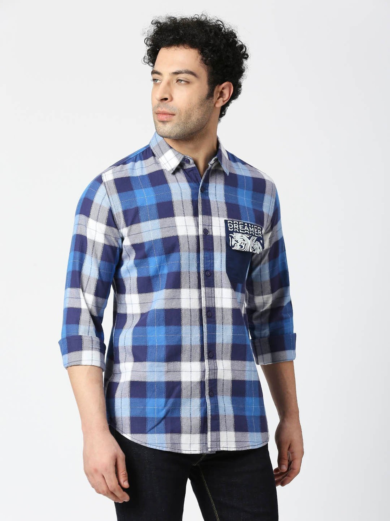 SOLEMIO Blue Slim Fit Checks Shirt