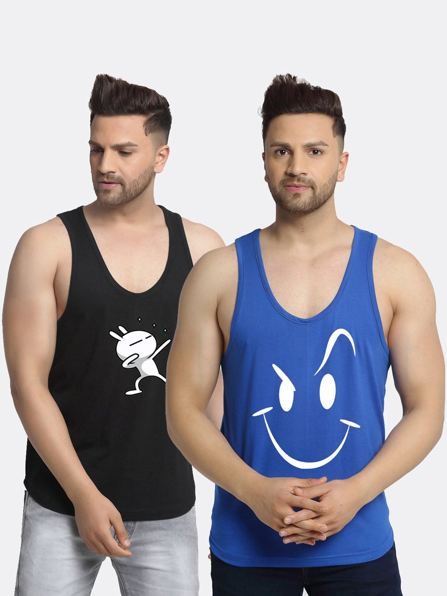 Friskers Multi Cotton Slim Fit Printed Gym Vest - Pack of 2
