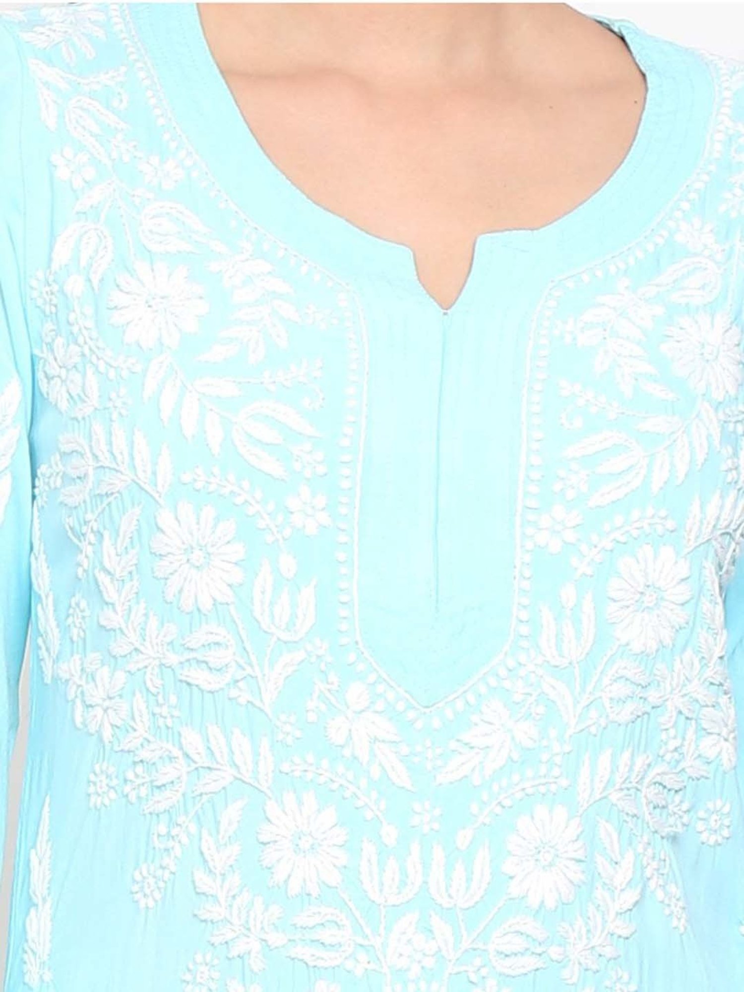 PARAMOUNT CHIKAN Aqua Blue Hand Embroidered Chikankari Straight Kurta