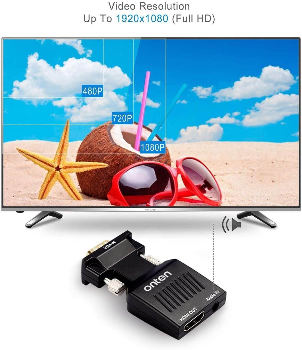 VGA to HDMI Onten 1080P VGA Male to HDMI Female Audio Video Cable Converter Adapter for Computer Desktop Laptop PC Monitor Projector HDTV Supply a Free Audio Cable and USB Cable (Black)