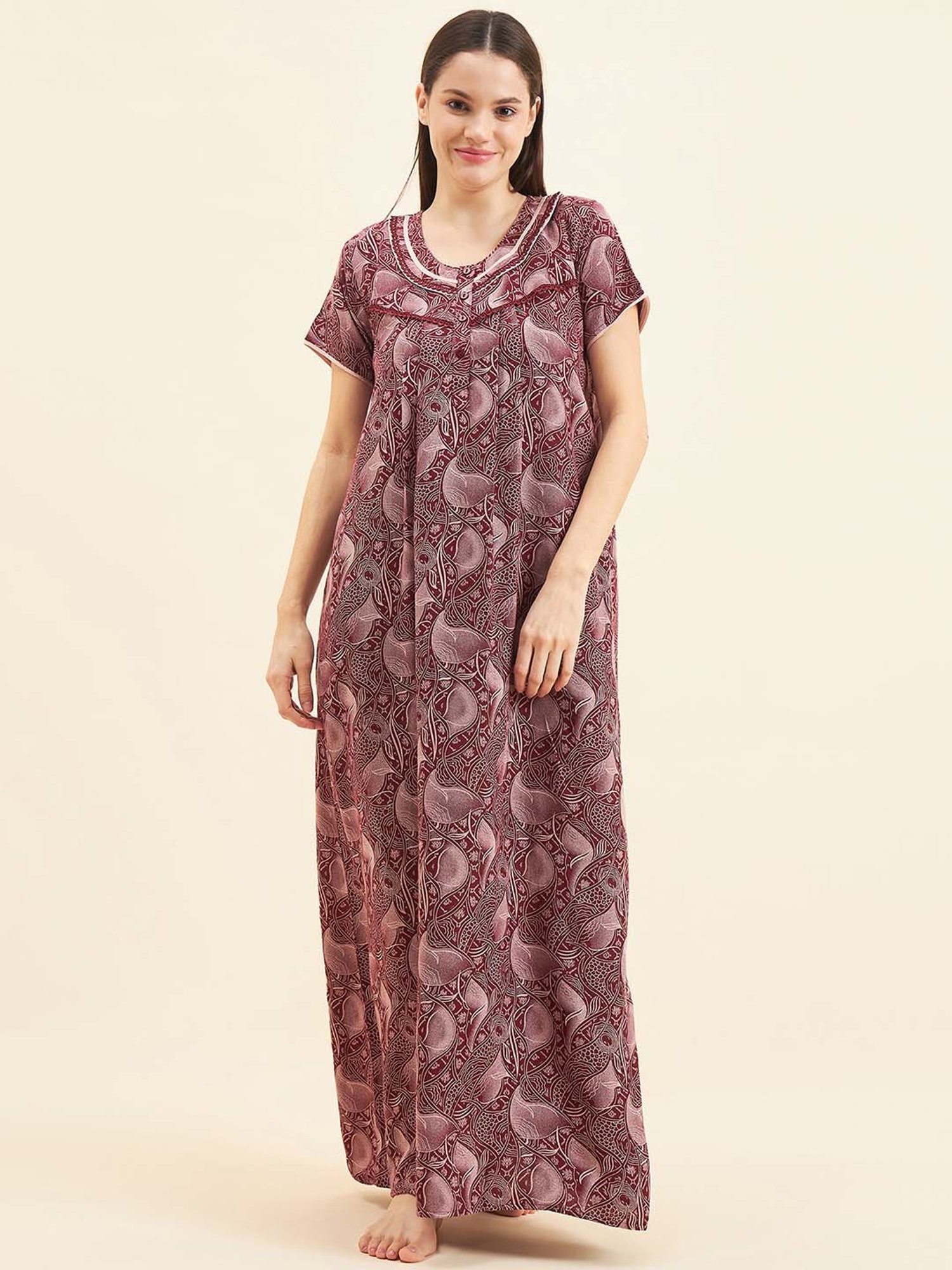 Sweet Dreams Maroon Geometric Print Nighty