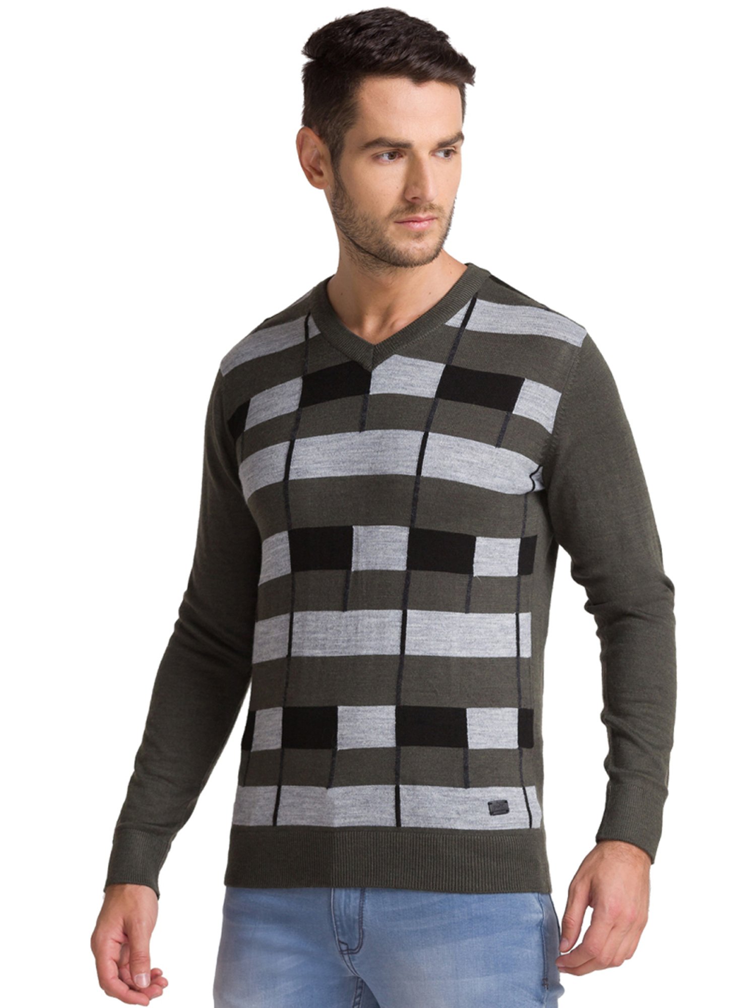 Parx Grey Regular Fit Striped Sweaters
