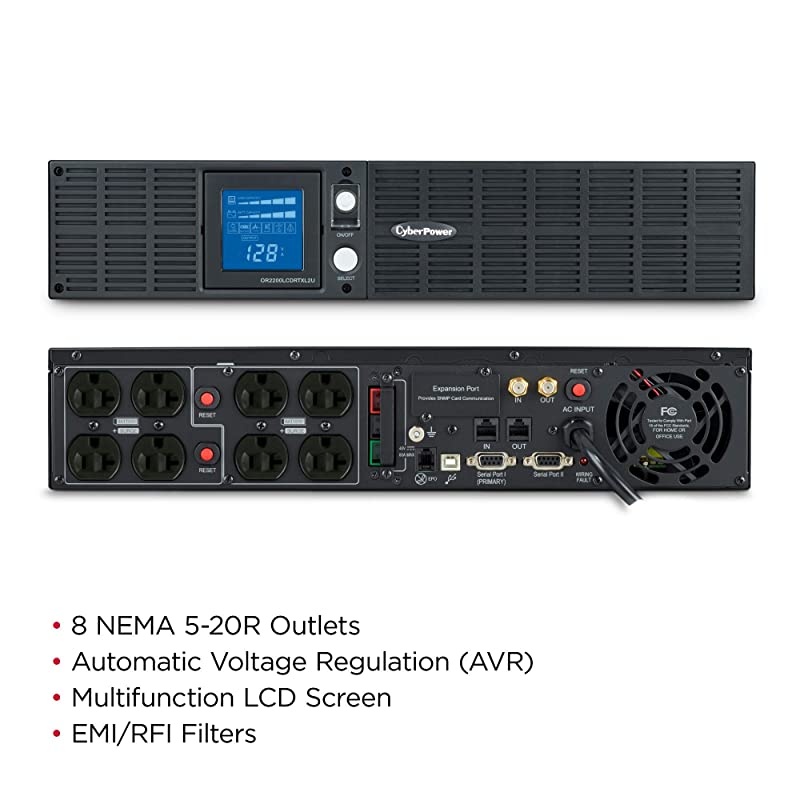 OR2200LCDRTXL2U Smart App LCD UPS System, 2190VA/1650W, 8 Outlets, AVR, 2U Rack/Tower Black