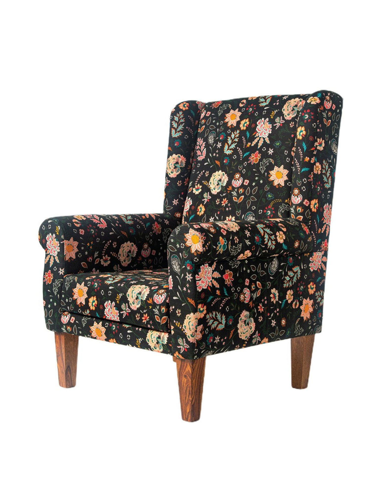 Chumbak Bohemian Paisleys Floral Black Sheesham Wood Begum Wing Chair